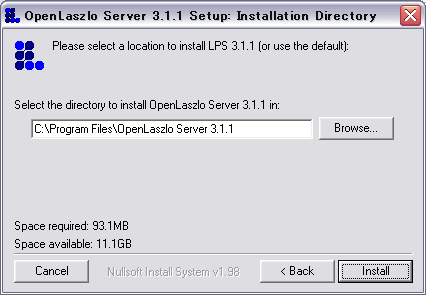OpenLaszlo Server をインストールするフォルダを指定します。